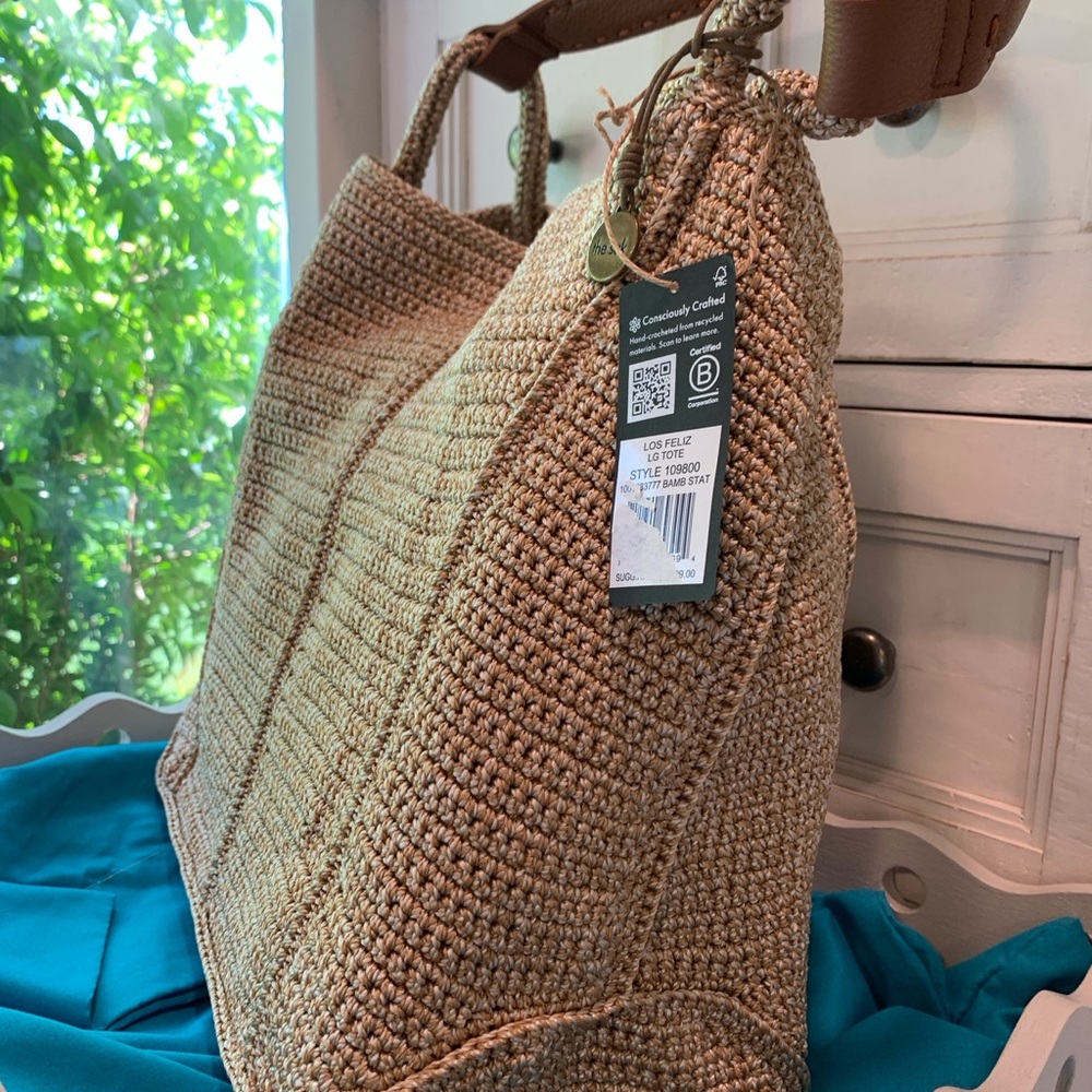 NWT The Sak Tan Crochet Large Tote with Brown Leather Handles Originally $299 - Picture 3 of 12